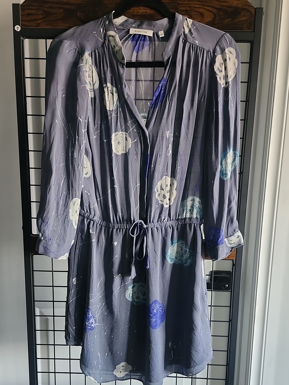 Babaton Slate Blue Floral-Print Long Sleeve Drawstring Dress